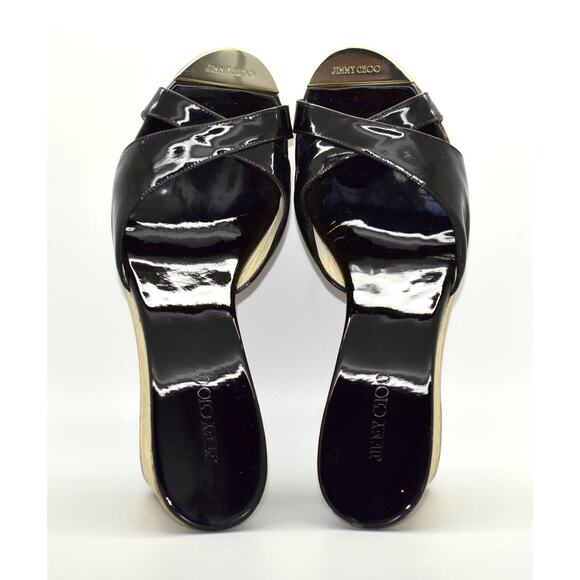 C0 Auth JIMMY CHOO Black Patent Leather Cork Wedge Sandals Shoes Size 40.5 - Picture 3 of 6